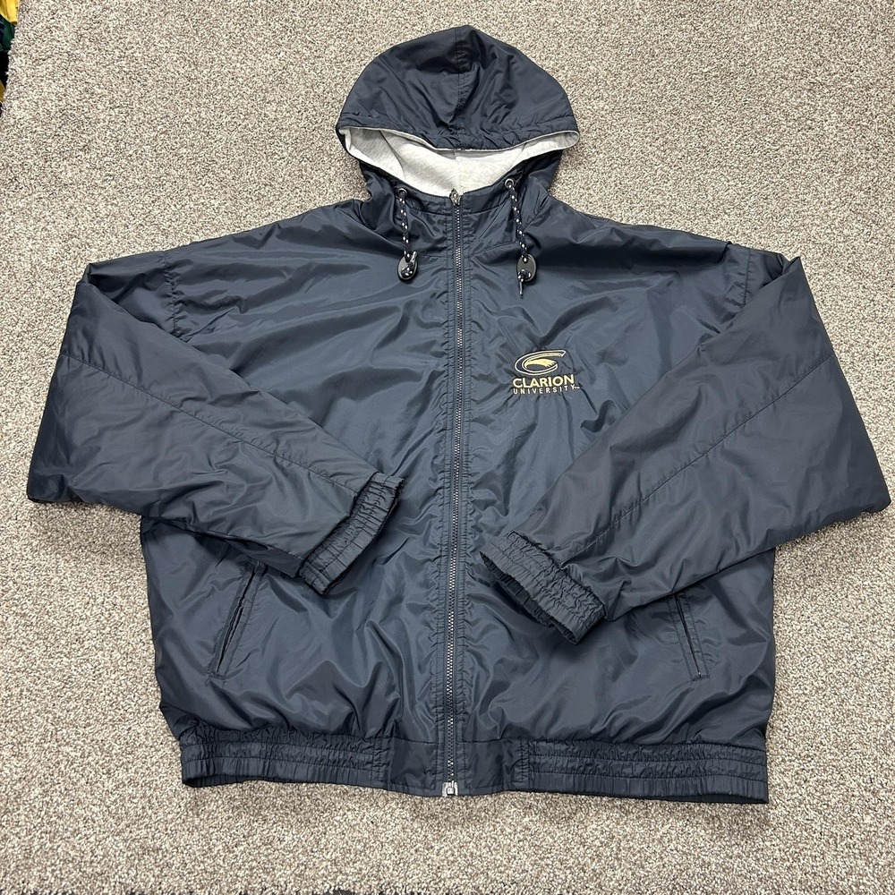 Holloway Jacket Mens 2XL Blue Hooded Nylon Windbreaker Clarion University Fleece